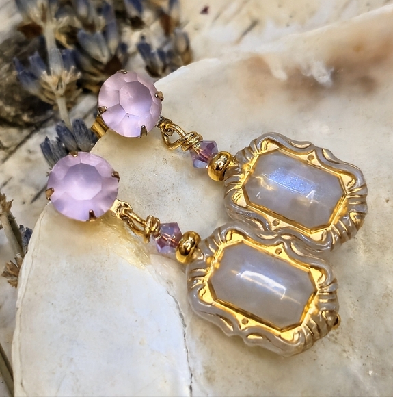 Victorian Lavender Opalite Milky & Swarovski Matte Lavender Crystal Earrings - Picture 3 of 6